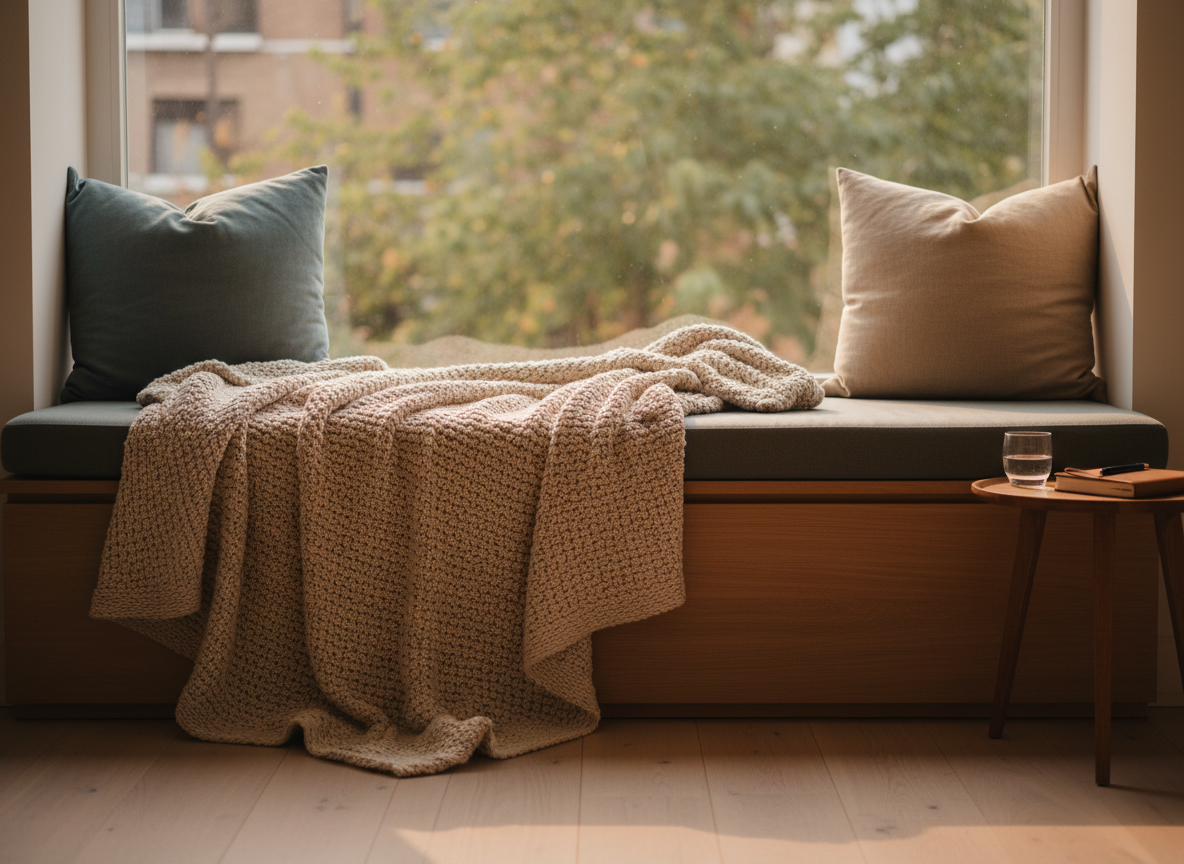 A large, cushioned bench by a window, covered with a textured, oatmeal-colored throw and two supportive, structured pillows in muted teal and sand tones. A small side table holds a glass of water and a closed journal, hinting at recent reflection. Outside the window, blurred foliage suggests a quiet urban garden, intentionally out of focus. Gentle golden-hour light pours in, outlining fabrics and edges with a soft glow and casting long, tranquil shadows. Photographic realism and a wide, horizontal composition create a peaceful, welcoming atmosphere, symbolizing a safe place to rest during a counseling path without showing any human presence.