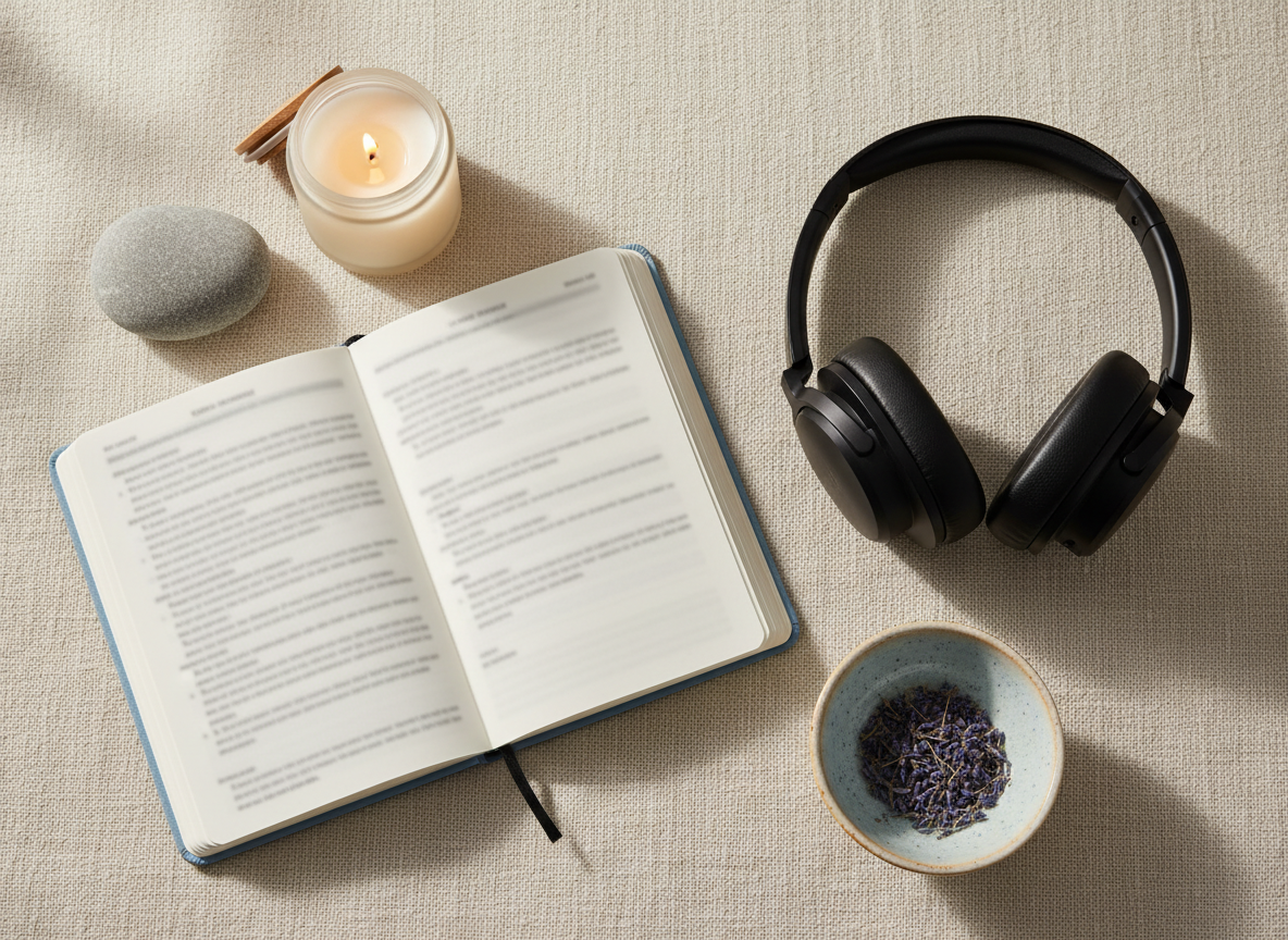 A detailed overhead photographic view of a calming self-care arrangement on a linen-covered table: an open guided journal with softly printed prompts obscured, a smooth river stone, a lit soy candle in a frosted glass container, and a pair of noise-cancelling headphones. Nearby, a ceramic bowl holds dried lavender sprigs. Soft, indirect window light from the top of the frame creates delicate shadows and gentle highlights on the textures of paper, stone, and fabric. The composition is carefully balanced but not rigid, conveying a quiet ritual of pausing, listening inward, and supporting emotional well-being, aligned with contemporary counseling practices.