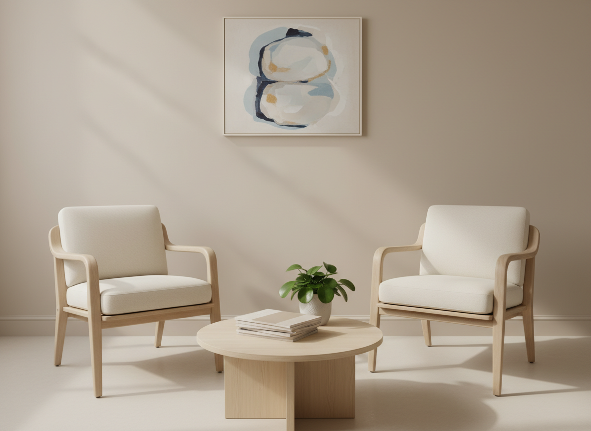 A minimalist waiting area for a counseling practice, featuring two empty, contemporary chairs with curved wooden frames and upholstered seats, angled slightly toward a round, pale-wood coffee table. On the table lies a single, carefully stacked set of neutral-colored magazines and a small potted plant with rounded leaves. The walls are light beige with one understated abstract painting in soft blues and creams. Soft studio-style lighting mimics natural daylight, evenly illuminating the space with subtle shadows beneath furniture. Photographic realism at a slightly wide angle conveys clarity, professionalism, and calm anticipation in a non-intimidating, welcoming environment.