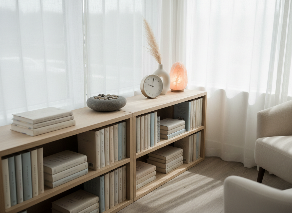 A serene counseling office corner featuring a low bookshelf filled with neatly arranged, neutral-toned books and a few carefully chosen ceramic objects, like a smooth stone bowl and a matte white vase. On top of the shelf rests a softly glowing salt lamp and a small analog clock with a clean, modern face. Natural, overcast daylight enters from the left, diffused by semi-transparent curtains, creating a calm, even illumination with soft shadows. Photographic realism at eye level emphasizes clarity and order, while the composition follows the rule of thirds to evoke a sense of grounded stability and time set aside just for oneself.